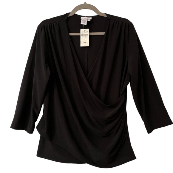 Coldwater Creek Tops - Coldwater Creek Top Women 1X Black Faux Wrap Knit Stretch Non Wrinkle Travel